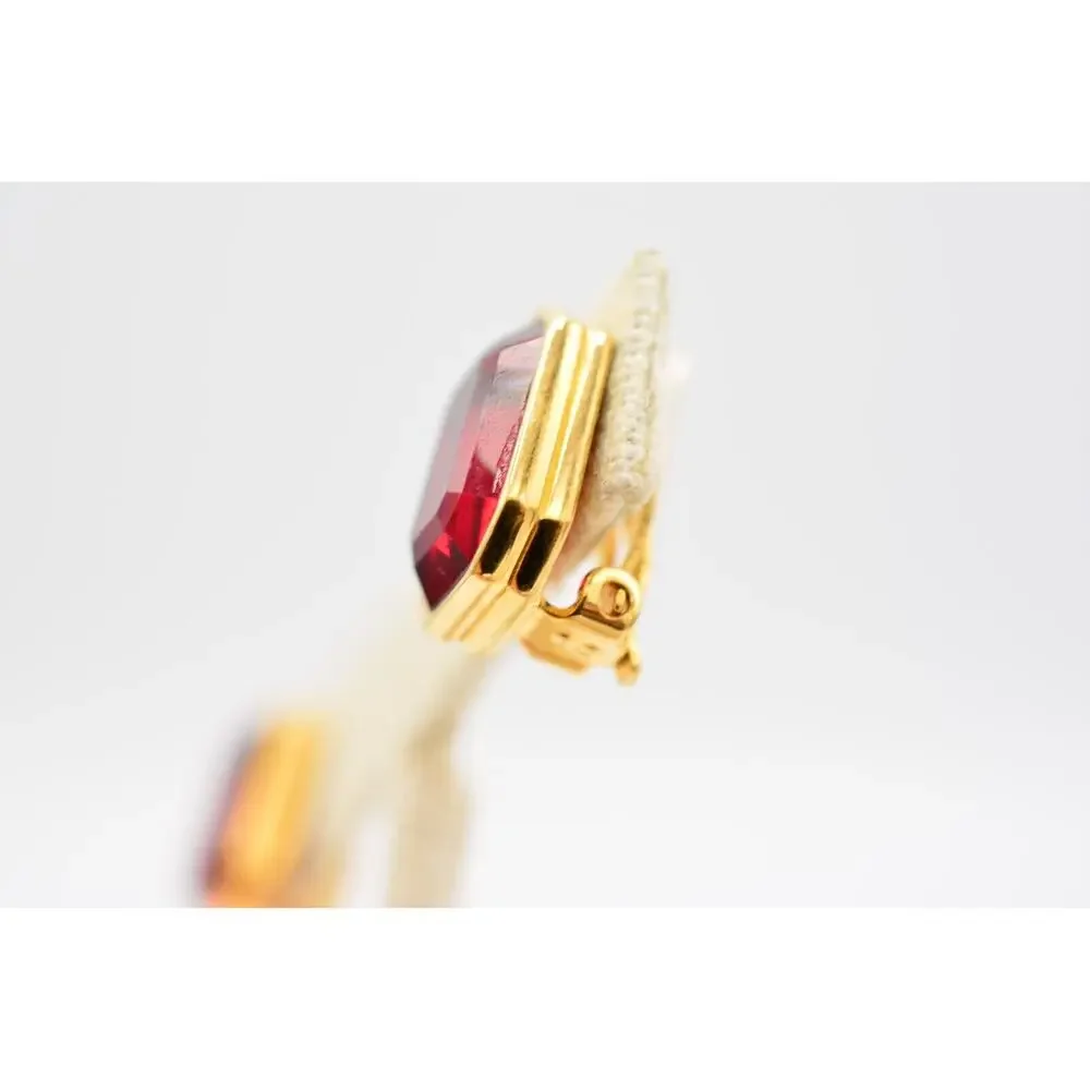 Givenchy Vintage Crystal Clip On Earrings Red Baguette Rhinestone Signed BinAG - Picture 10 of 12